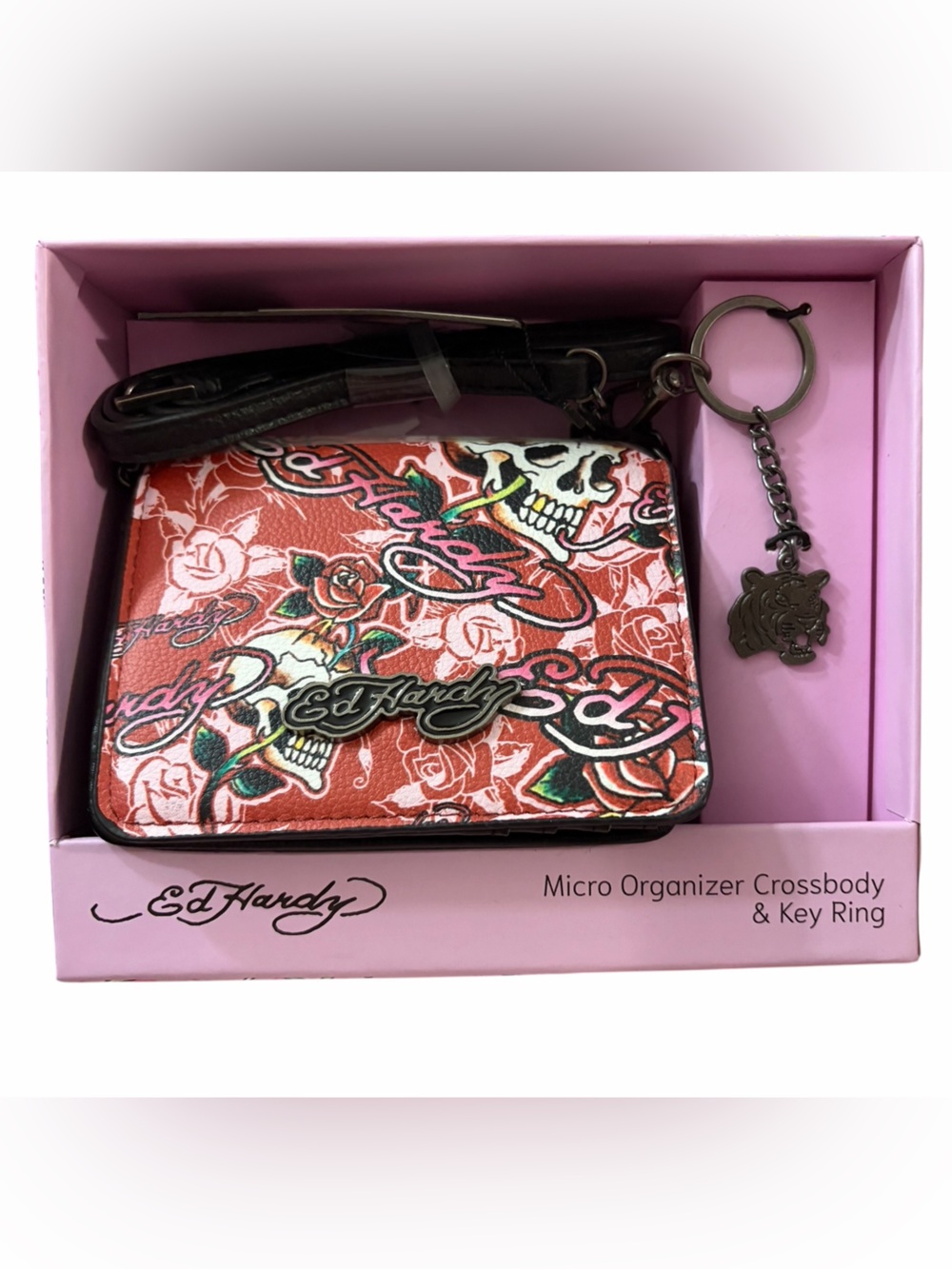 Ed Hardy Skull Design Black Mini Crossbody Bag wallet keychain floral